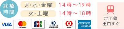 診療時間 月・水・金曜 14時～19時 火・土曜 14時～18時 女性専門医 地下鉄出口すぐ